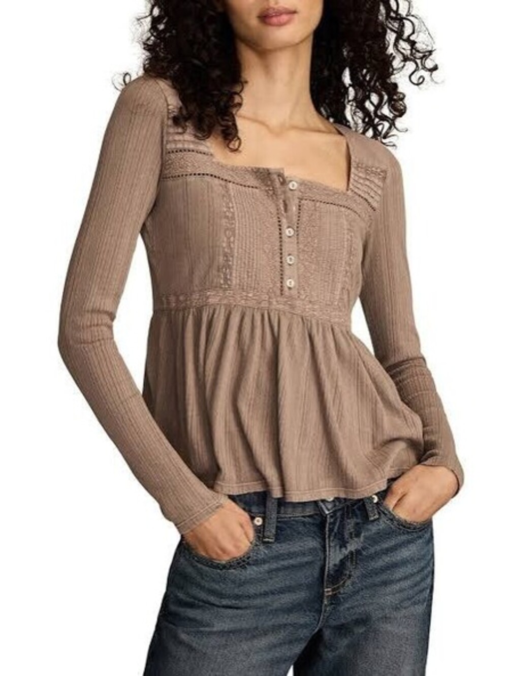 Lucky Brand M Sepia Rose Long Sleeve Knit Top Square Neck Lace Pin-tuck Peasant